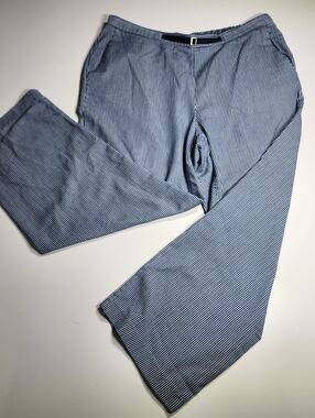 Navy White Pinstripe Pants Pull On Wide Leg Elastic Waist 16